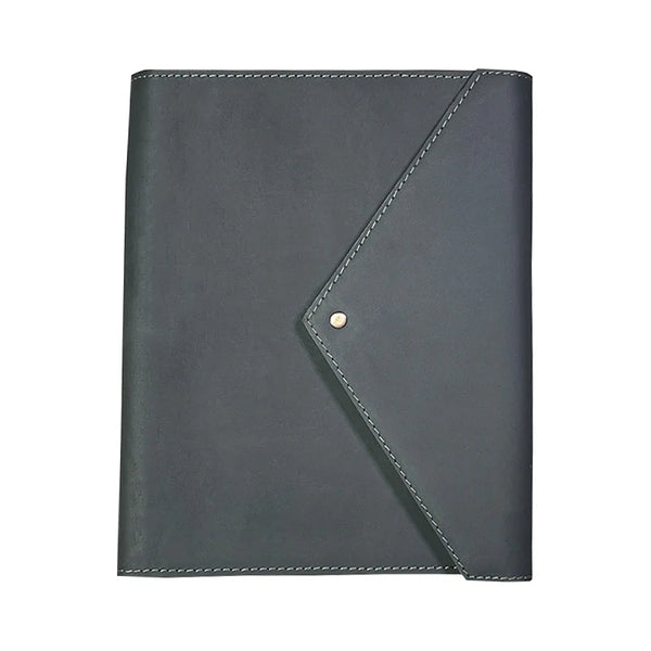 Dark gray leather notebook with corner flap and button on a white background