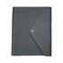 Dark gray leather notebook with corner flap and button on a white background