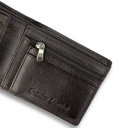 Close-up of a black leather wallet with a visible brand name on a white background