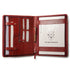 Red leather portfolio with interior compartments and visible branding on a white background