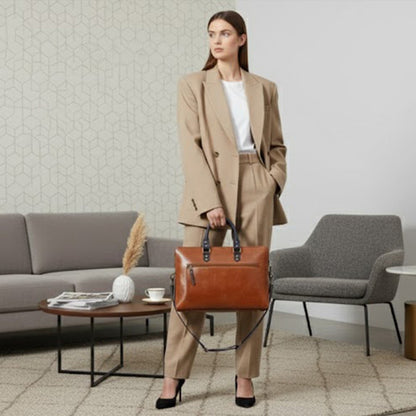 Woman holding a brown leather bag in a modern living room setting