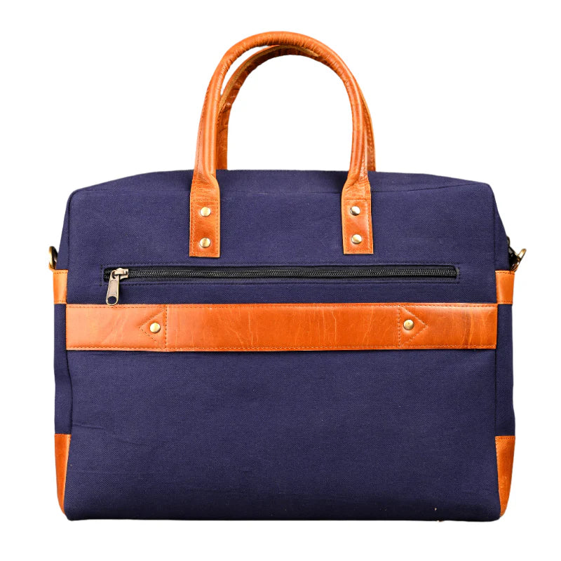 Blue bag with orange handles and trim on a white background