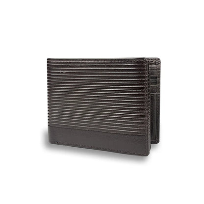 Black leather wallet with horizontal stitching on a white background