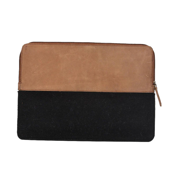 Two-tone brown and black laptop sleeve on a white background