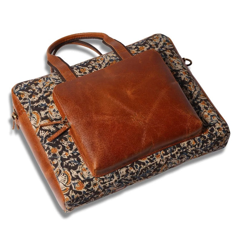 Kalamkari Canvas &amp; Leather Laptop Bag