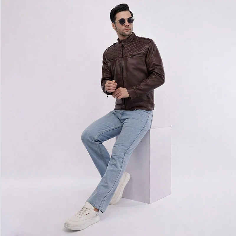 Men’s Black Leather Jacket with Zip Pockets