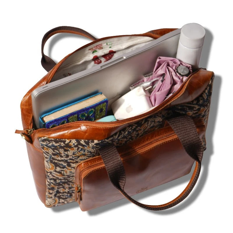 Kalamkari Canvas &amp; Leather Laptop Bag
