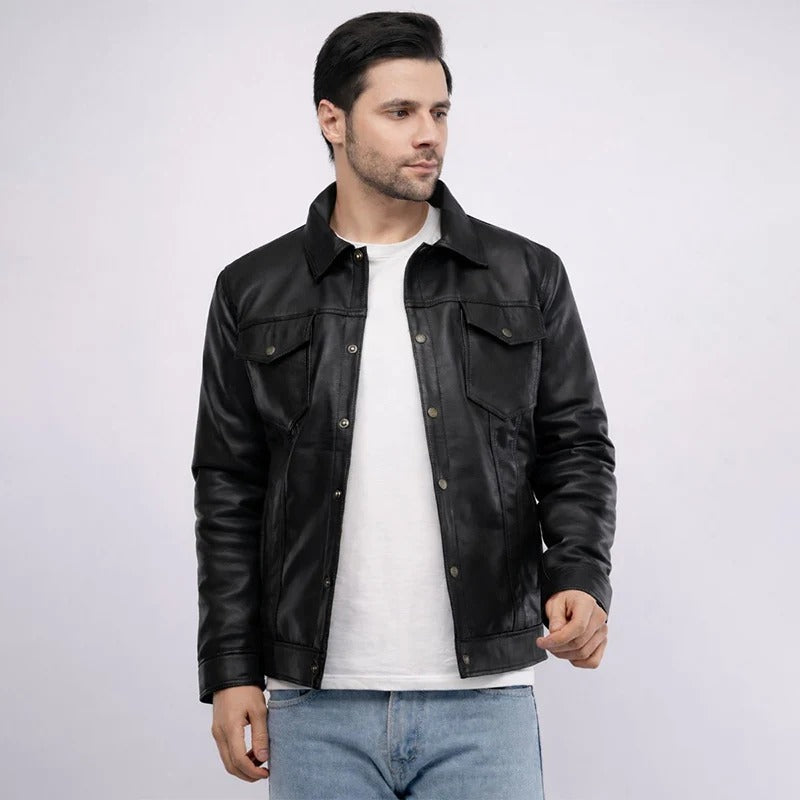 Men’s Tan Leather Jacket with Utility Pockets