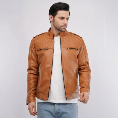 Men’s Black Leather Jacket with Zip Pockets