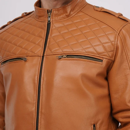 Men’s Tan Leather Jacket with Utility Pockets