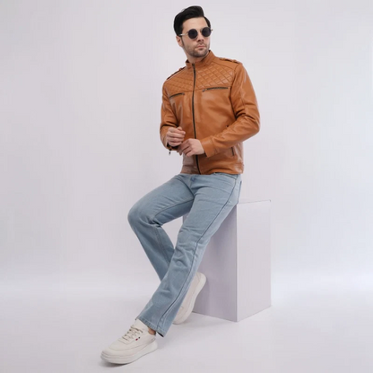 Men’s Tan Leather Jacket with Utility Pockets