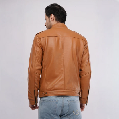 Men’s Tan Leather Jacket with Utility Pockets