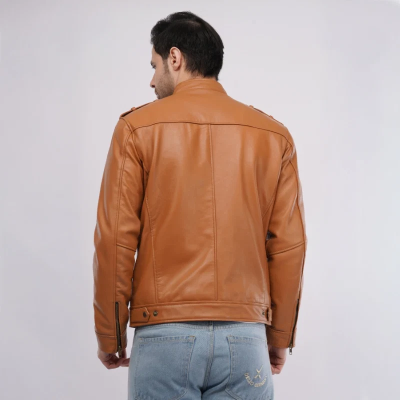 Men’s Tan Leather Jacket with Utility Pockets