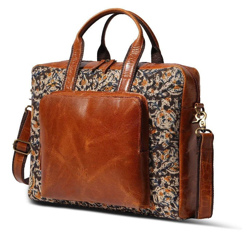 Kalamkari Canvas &amp; Leather Laptop Bag