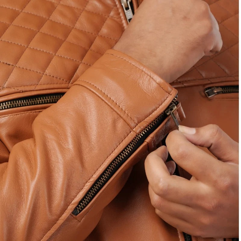 Men’s Tan Leather Jacket with Utility Pockets