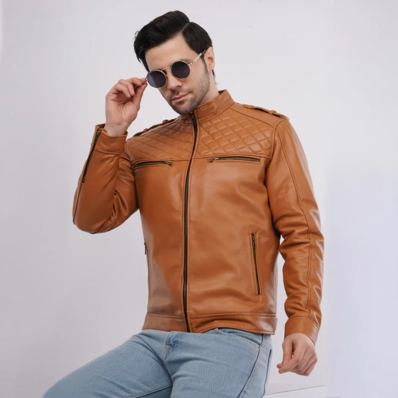 Men’s Tan Leather Jacket with Utility Pockets
