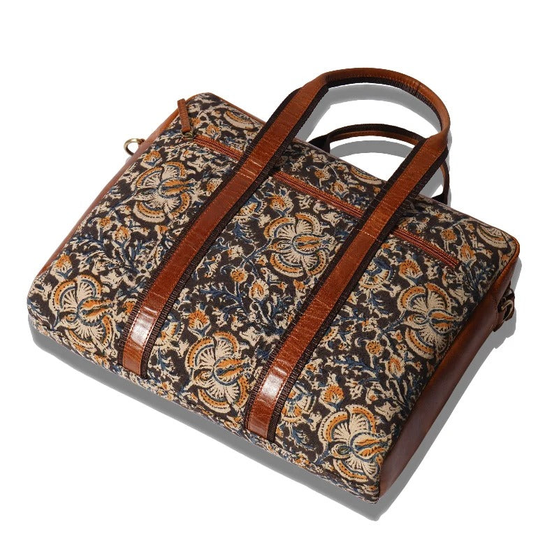 Kalamkari Canvas &amp; Leather Laptop Bag
