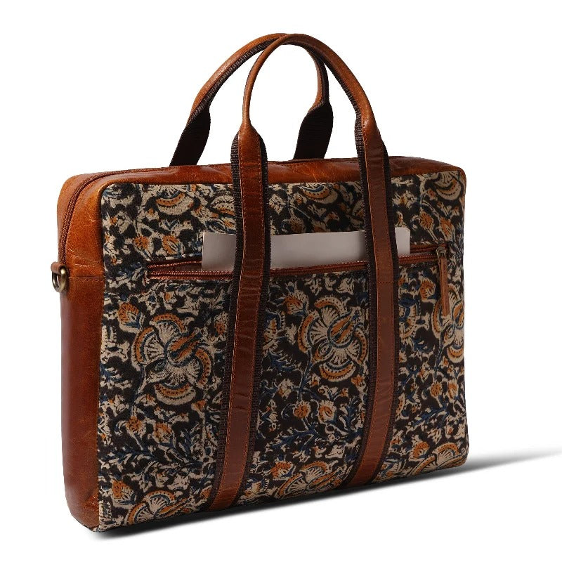 Kalamkari Canvas &amp; Leather Laptop Bag