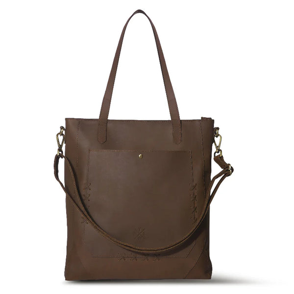 Brown leather tote bag with shoulder strap on a white background
