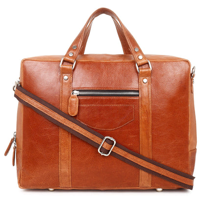 Brown leather bag with a shoulder strap on a white background