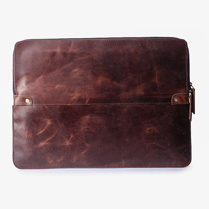 Brown leather laptop sleeve on a white background
