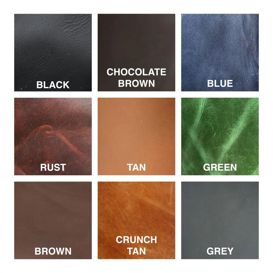 Color swatches with labels for black, chocolate brown, blue, rust, tan, green, brown, crunch tan, and grey.