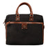 Black bag with brown leather accents on a white background