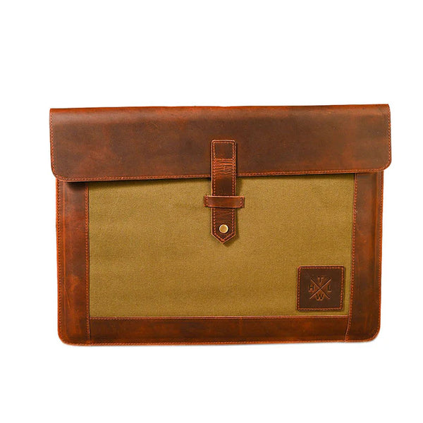 Brown leather and beige fabric bag with a visible brand logo on a white background