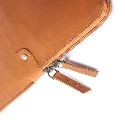Close-up of a brown leather pouch with a zipper on a white background