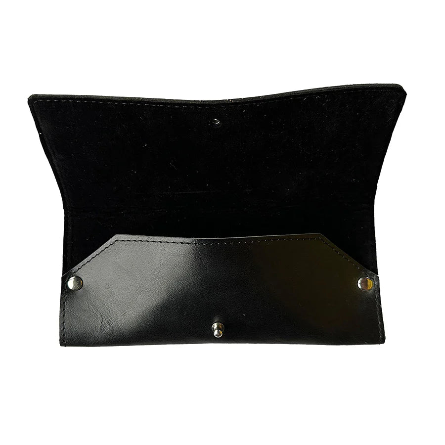 Black leather pouch with silver studs on a white background