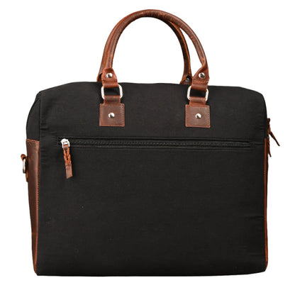 Black bag with brown handles and accents on a white background