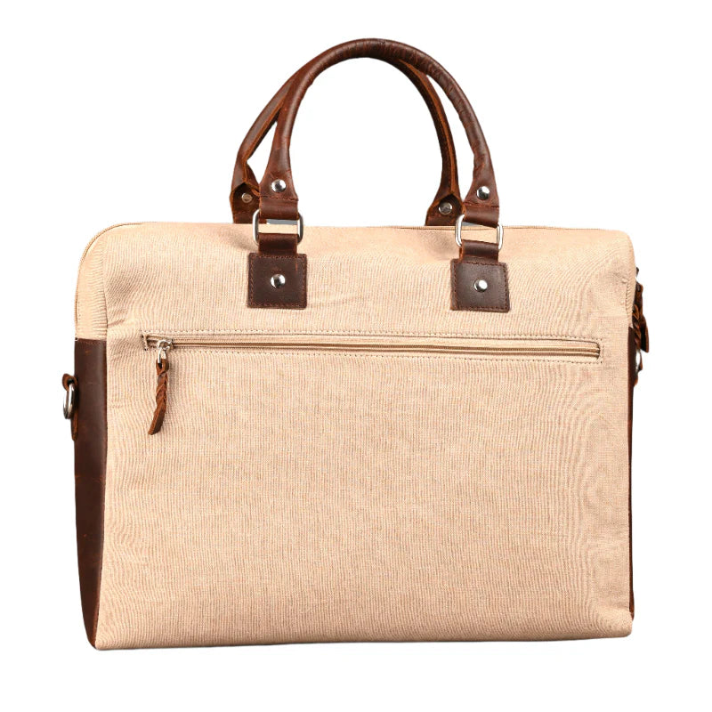 Beige travel bag with brown handles and accents on a white background