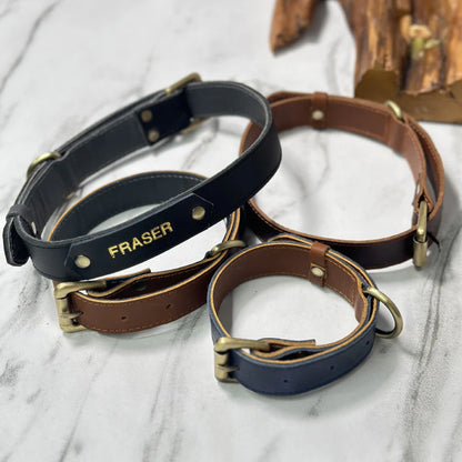 Three leather dog collars in black, brown, and blue on a marble surface with &