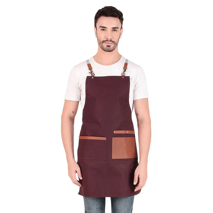 Man wearing a maroon apron with brown accents on a white background
