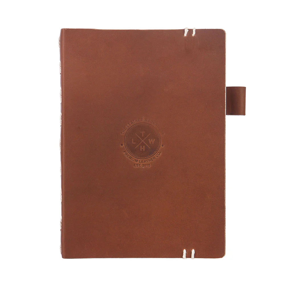 Brown leather notebook with a visible brand logo on a white background