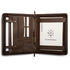 Brown leather portfolio with interior compartments and a visible brand label on a white background