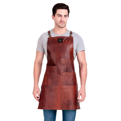 Man wearing a brown leather apron on a white background