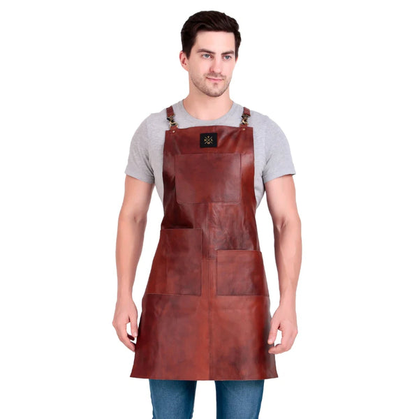 Man wearing a brown leather apron on a white background
