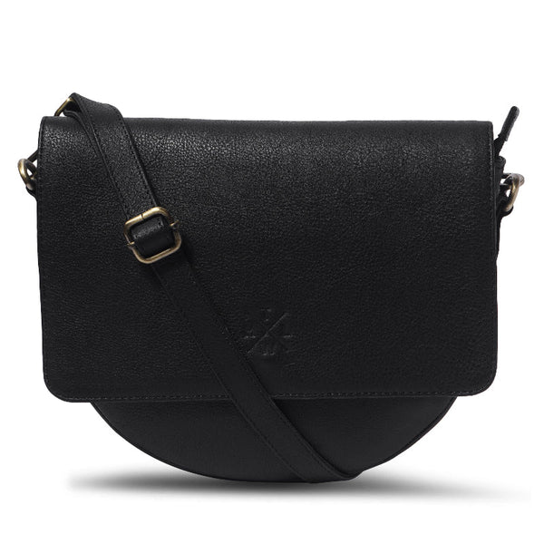 Black leather crossbody bag on a white background