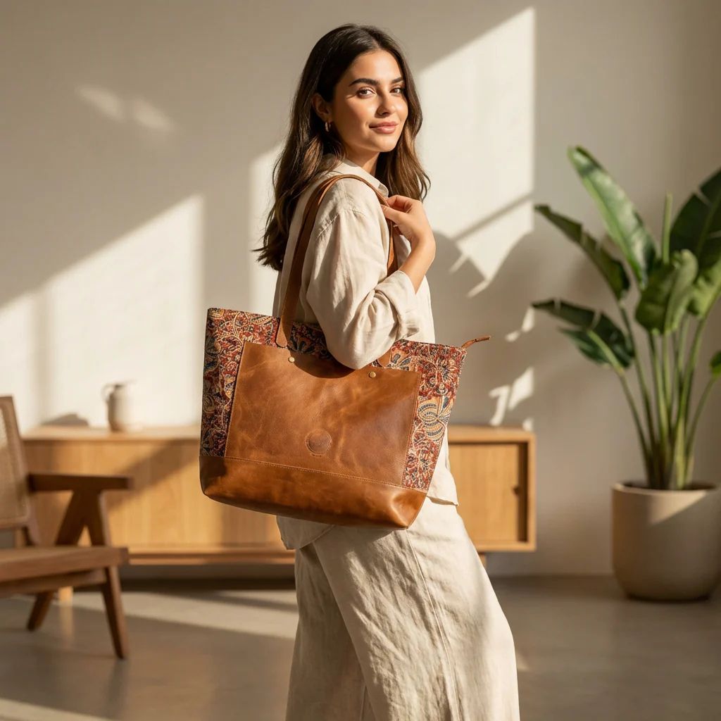 a women handling a kalamkari tote bag 