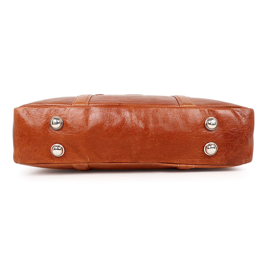 Brown leather handbag with silver studs on a white background