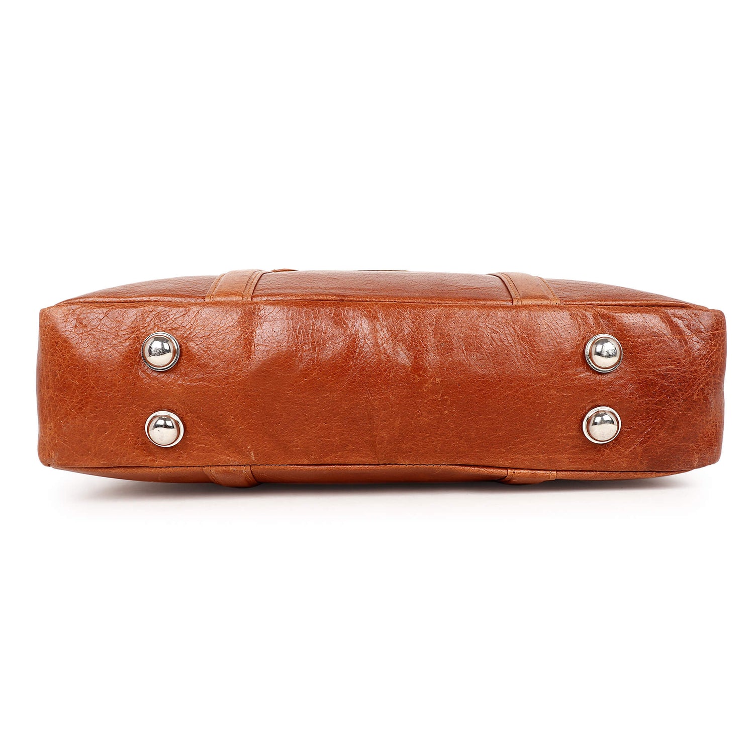 Brown leather handbag with silver studs on a white background