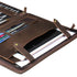 Brown leather organizer with compartments for pens, cards, and a phone on a white background