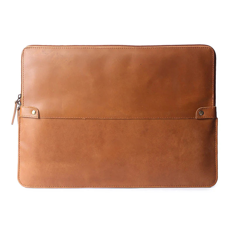 Brown leather laptop sleeve on a white background
