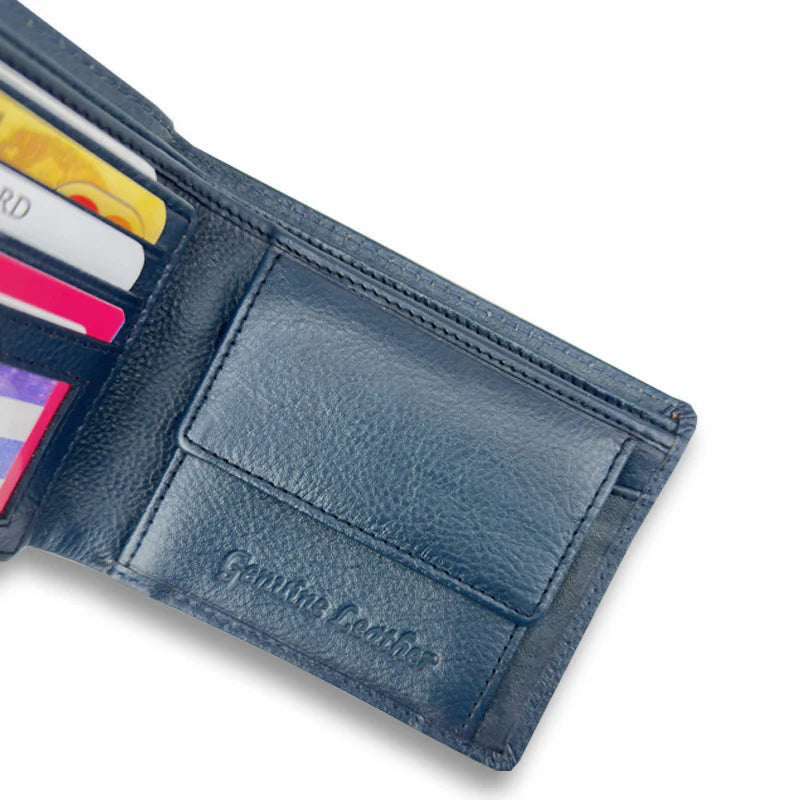 Blue leather wallet with card slots on a white background