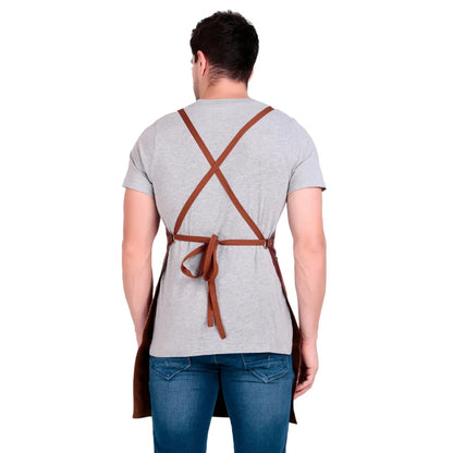 Person wearing a brown apron over a gray shirt on a white background