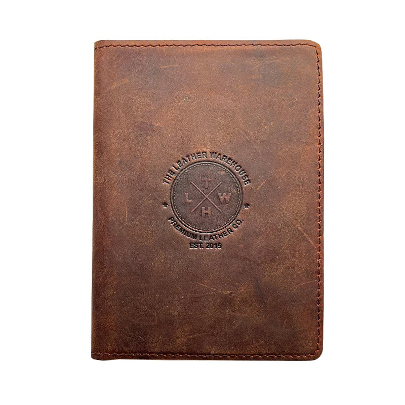 Brown leather wallet with embossed logo on a white background