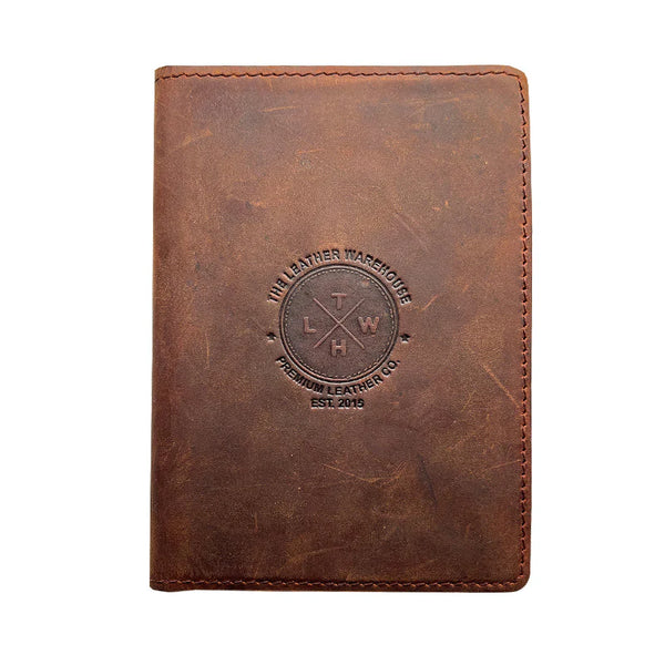 Brown leather wallet with embossed logo on a white background