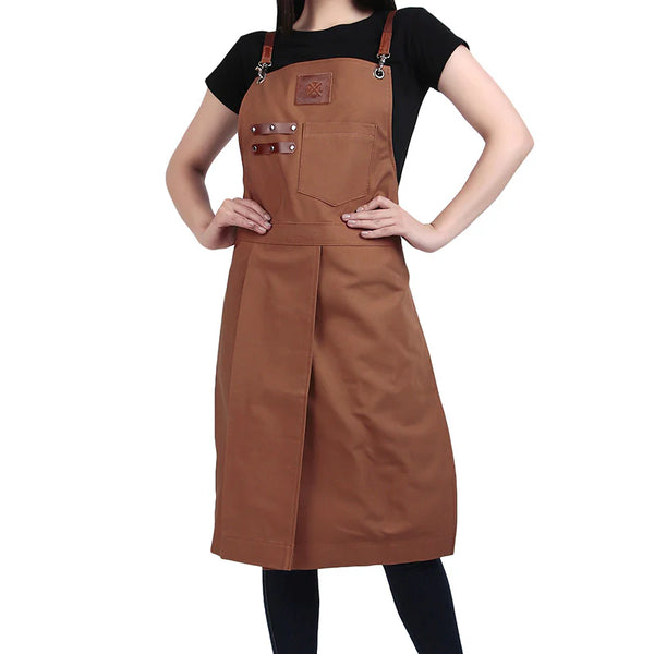 Brown apron worn by a person on a white background