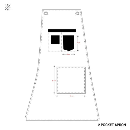 Diagram of a 2-pocket apron with dimensions on a white background